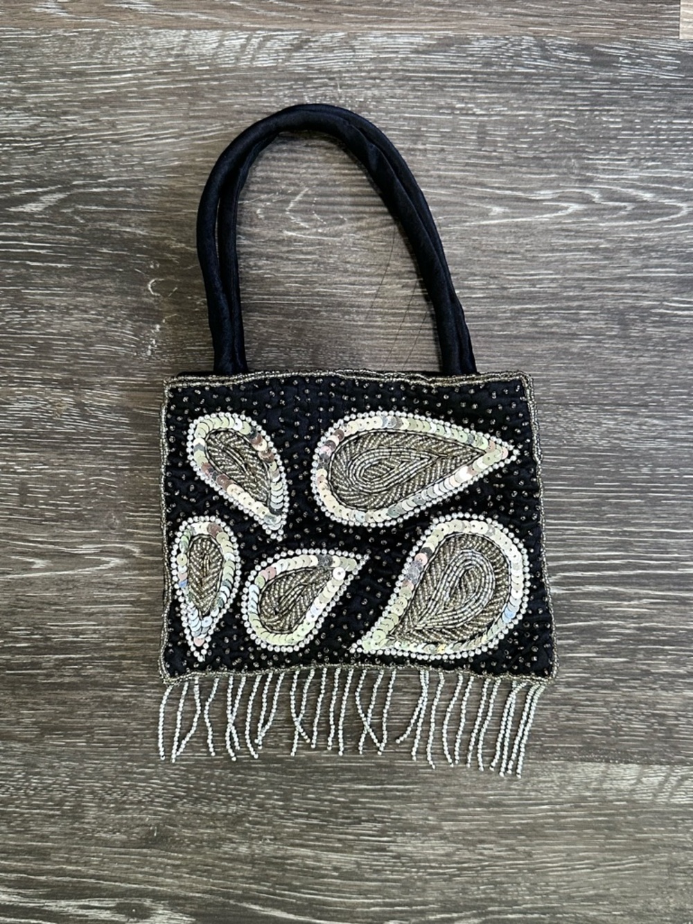 Vtg Beaded Paisley Fringe Mini Bag Black Silver Sequin Crossbody Y2K Whimsigoth